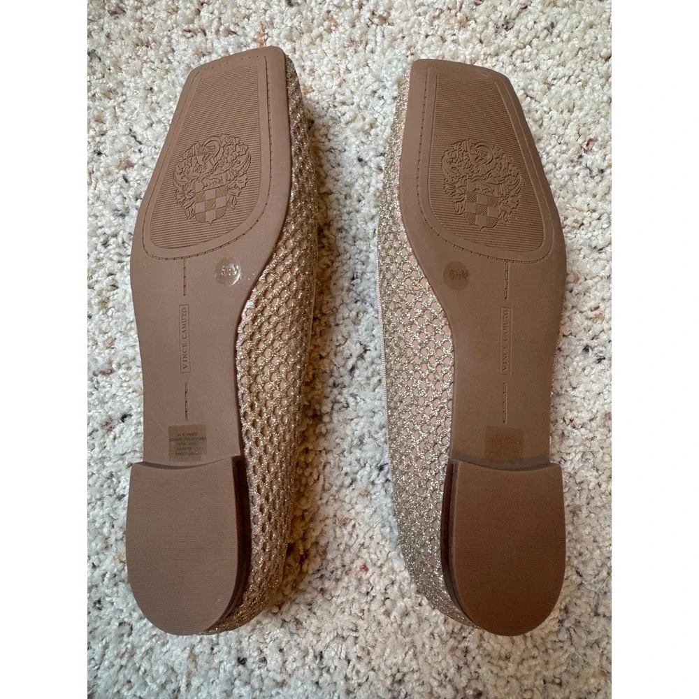 Vince Camuto Womens Glitter Mesh Square Toe Ballet Flats Rose Gold Bow Size 6.5M